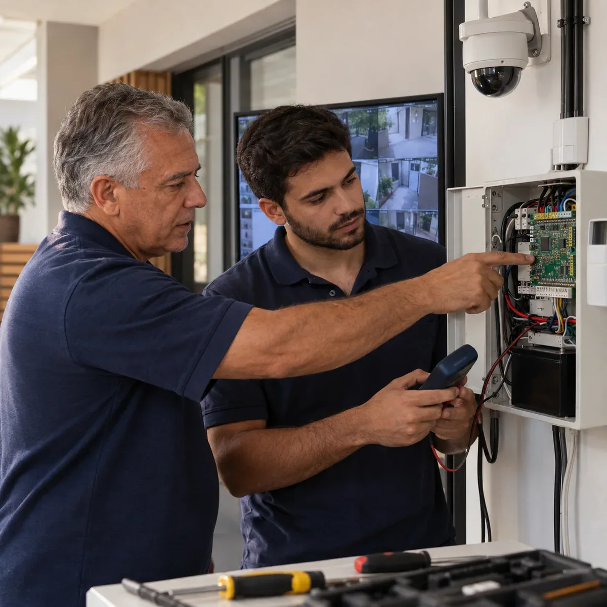 Técnicos de segurança eletrônica testando uma central de alarme e câmeras